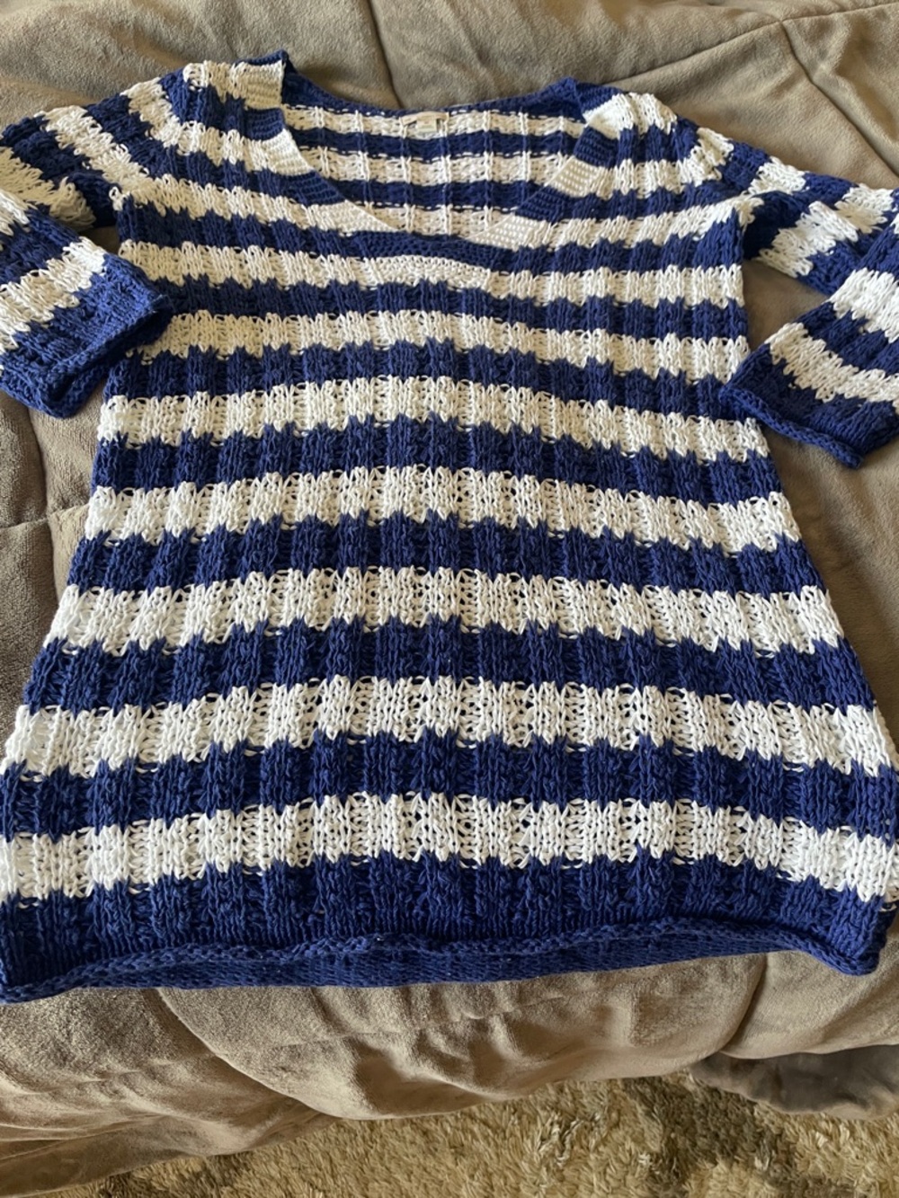 GAP Navy and White Striped Open-Weave Scoop Neck Sweater